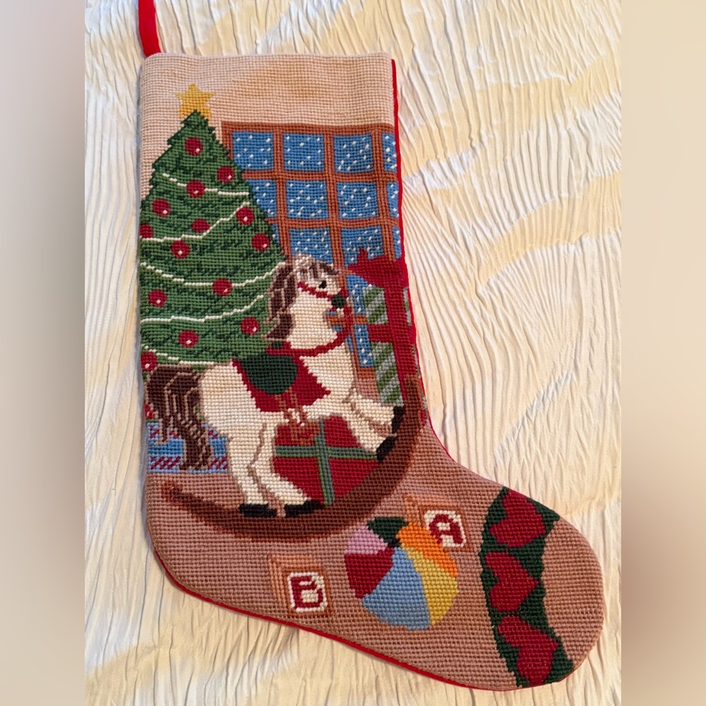 Needlepoint Christmas Stocking with horse and Christmas tree w/ window and star